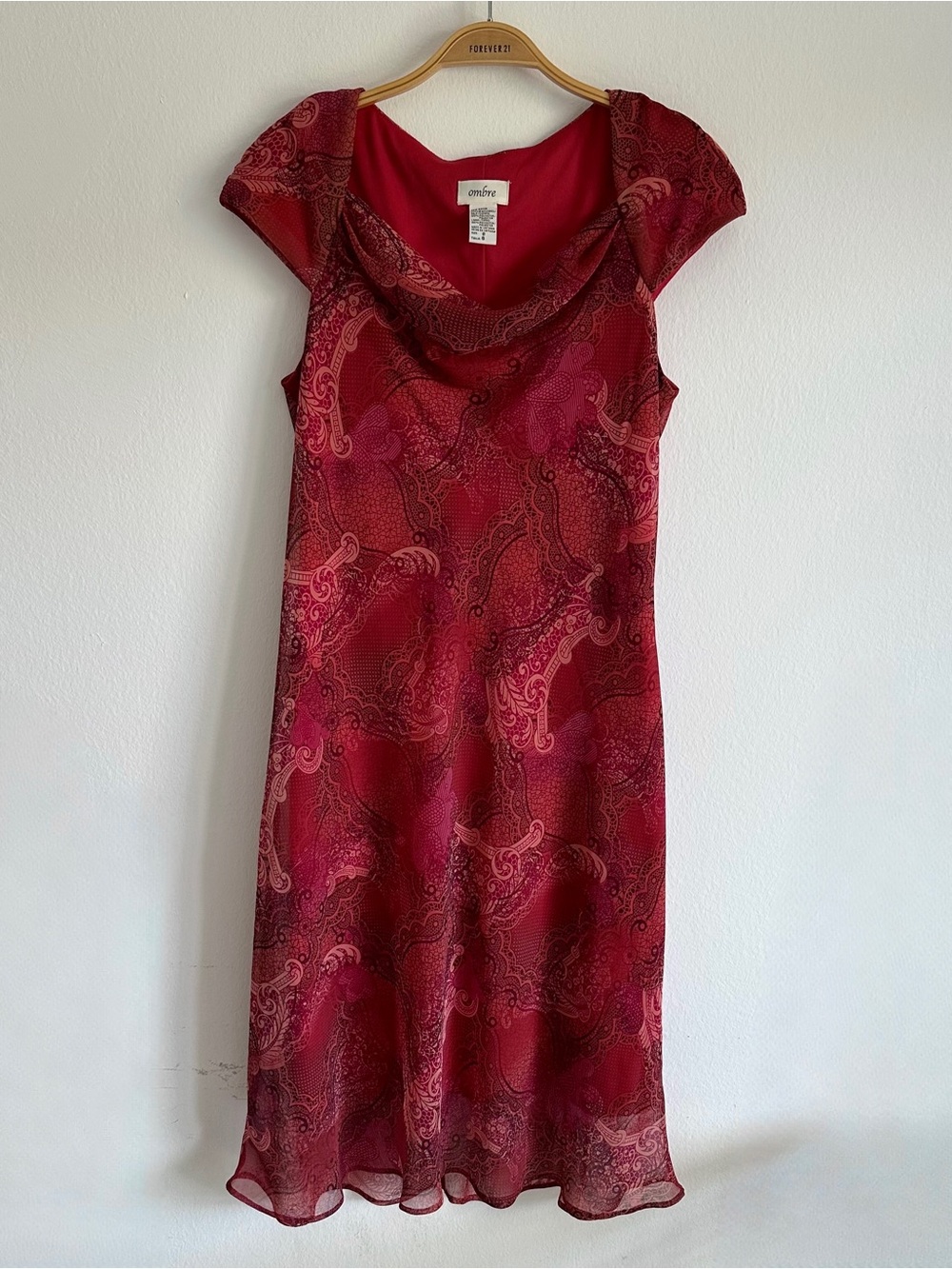 Vintage Ombre Dress Fairy Paisley Whimsigoth Pink Red Midi Cowl Neck Floral 8